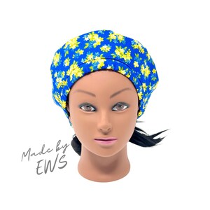 100% Cotton Adjustable Beret Hat Blue Yellow Floral Cap for Women Natural Hair Friendly Handmade