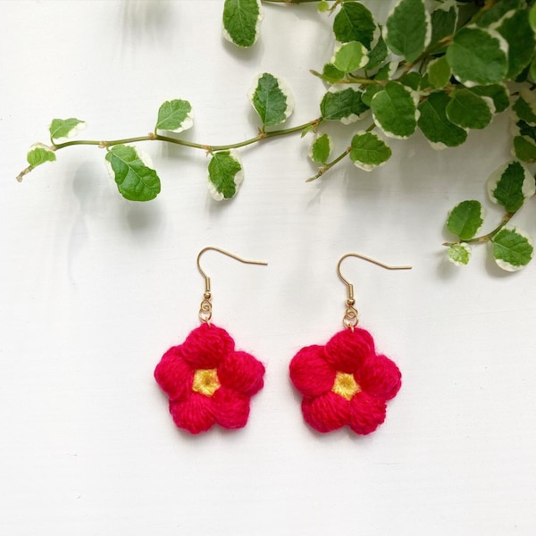 Crochet red flower earrings handmade with stainless steel hooks