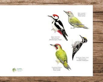Nature Greeting Card, Woodpecker Card, Printable Art, Greeting card Bird Lovers, Watercolour Illustration, PDF, A5, Green woodpecker