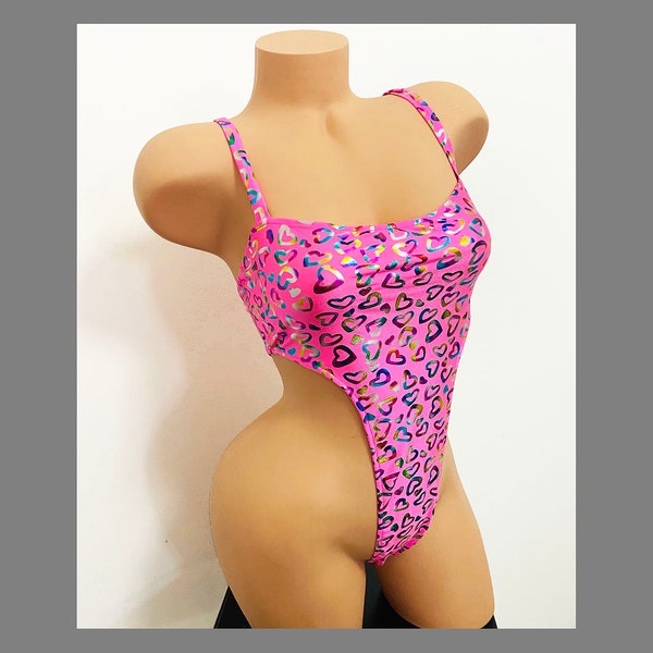 Glow in the High Cut BodySuit - Different Prints available  -rave wear, festival , exotic dancewear, Onepiece Thong  Swimwear