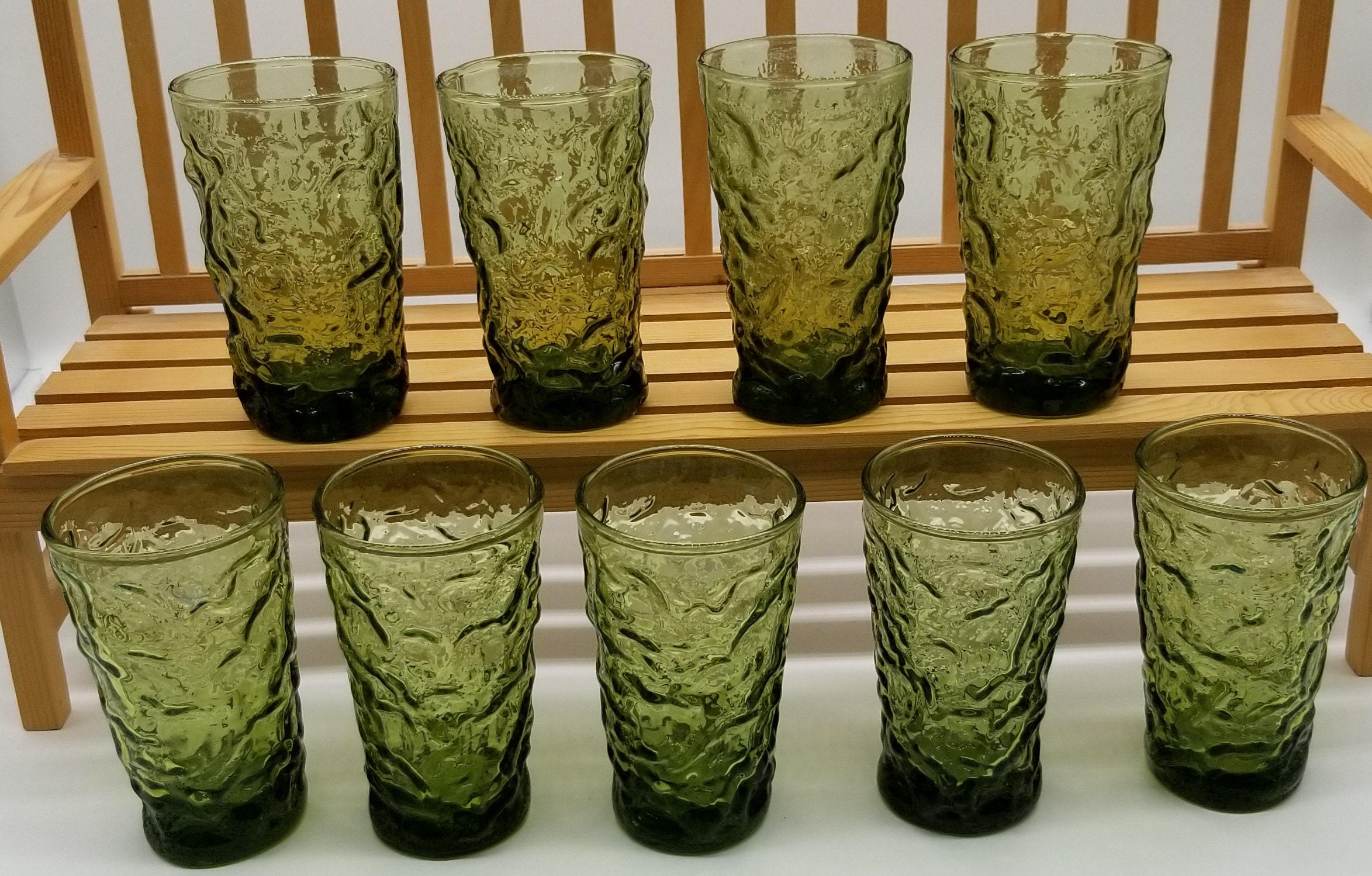 1970s Anchor Hocking Lido Crinkle Glass Tumblers in Avocado - Set