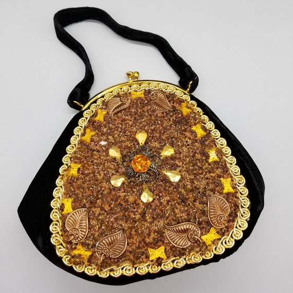Vintage Velvet Handbag Purse decorated with Beads… - image 1