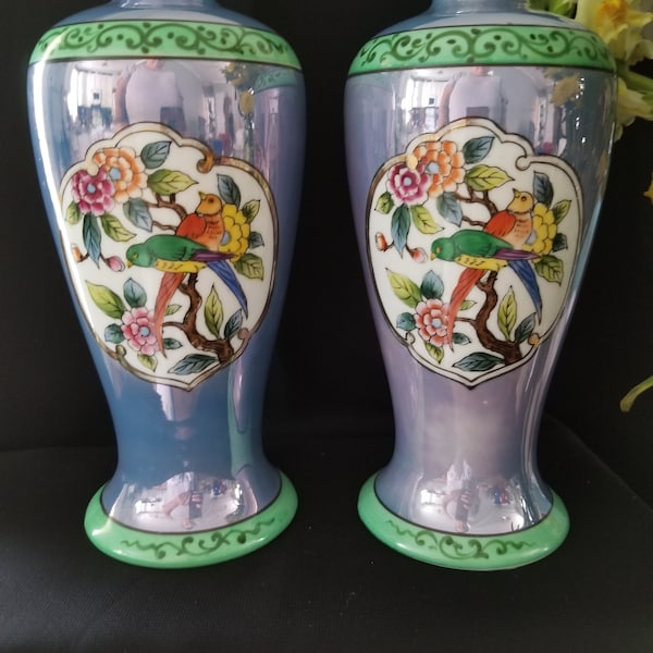 Vintage Japanese Lustreware Bird Vases