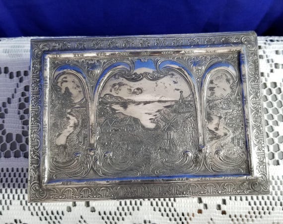 Antique Silver-Plated Dutch Farm Motif Jewelry Box