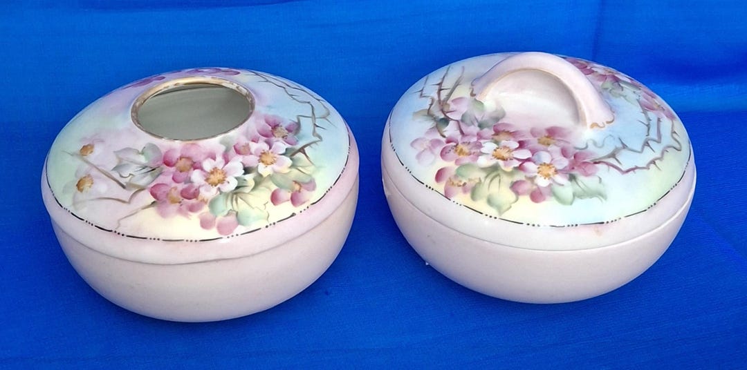 Vintage Hand-painted Porcelain Powder Jar & Hair Receiver Set - Etsy