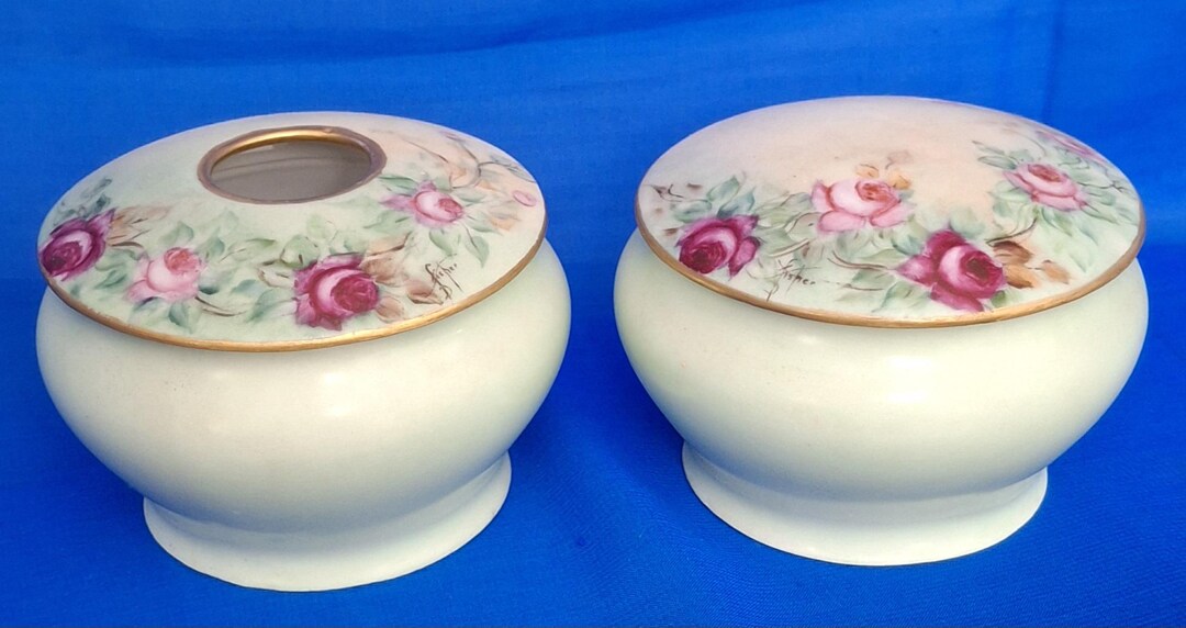 Antique Weimar Hand-painted Porcelain Powder Jar & Hair Receiver Set - Etsy