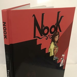 May include: A hardback book titled "Nook" with a red and black cover. The cover shows a stylized illustration of a person and a dog on stairs. The spine reads "Nook" and "Thusat".