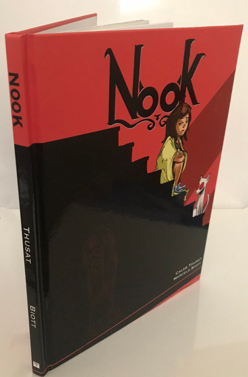 May include: A hardback book titled "Nook" with a red and black cover. The cover shows a stylized illustration of a person and a dog on stairs. The spine reads "Nook" and "Thusat".