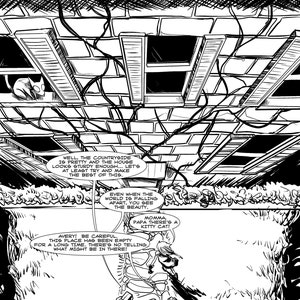 May include: Monochrome comic panel depicting a building's interior and exterior from a low angle. A cat is visible in a window. Speech bubbles contain text about the countryside, a cat, and a warning.