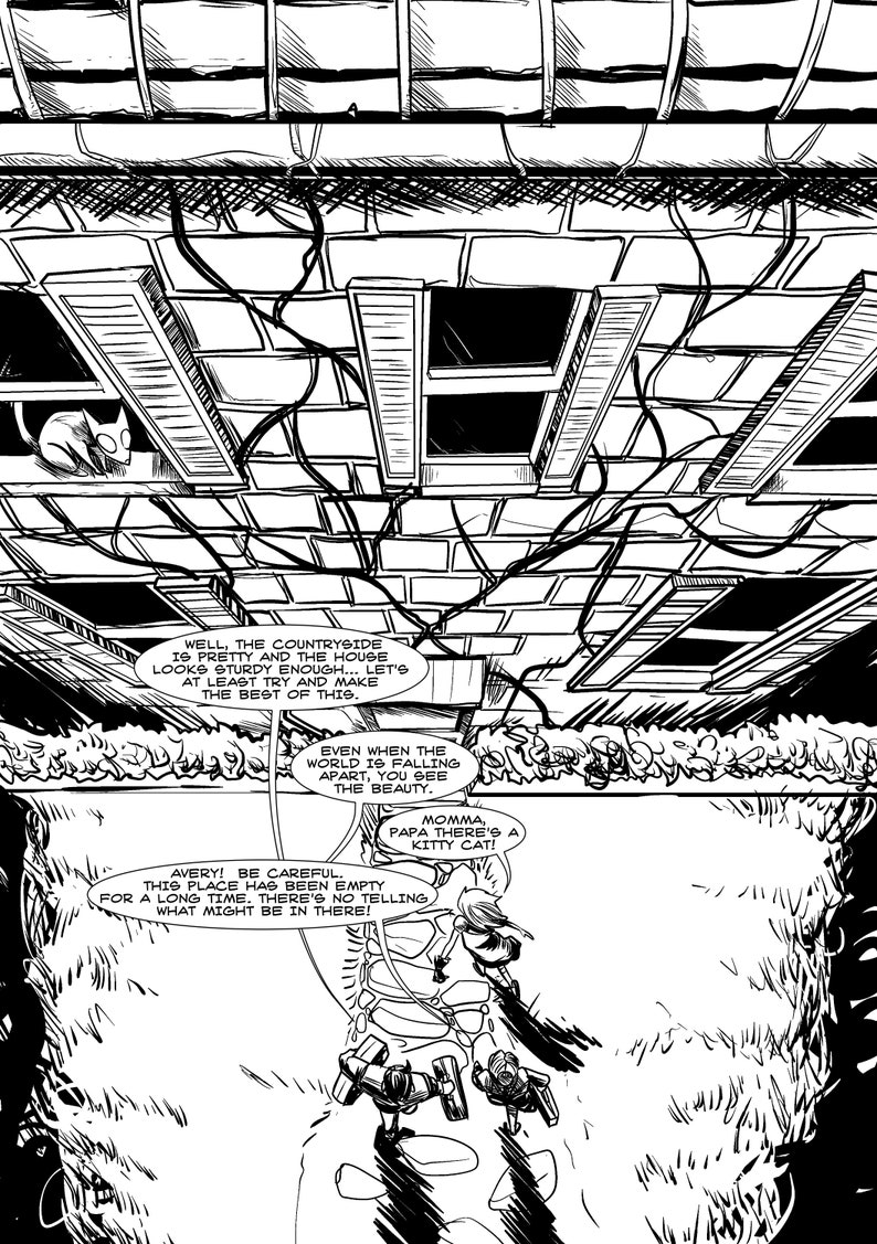 May include: Monochrome comic panel depicting a building's interior and exterior from a low angle. A cat is visible in a window. Speech bubbles contain text about the countryside, a cat, and a warning.
