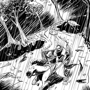 May include: A monochrome illustration showing a horse-drawn carriage in a downpour. The image features a horse, carriage, and two figures, set against a backdrop of trees and a road. The rain is depicted with diagonal lines.