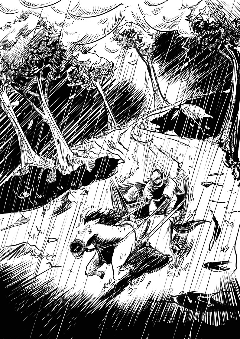 May include: A monochrome illustration showing a horse-drawn carriage in a downpour. The image features a horse, carriage, and two figures, set against a backdrop of trees and a road. The rain is depicted with diagonal lines.