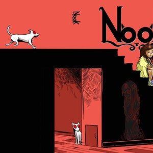 May include: Comic book cover with the title "Nook". The illustration features a girl sitting on stairs, white cats with red eyes, and a shadowy figure. The background is red and black.