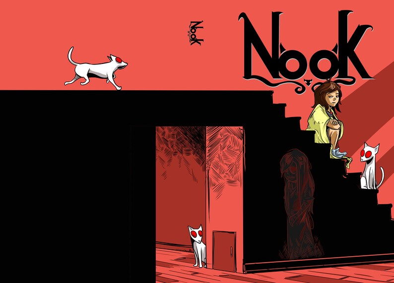 May include: Comic book cover with the title "Nook". The illustration features a girl sitting on stairs, white cats with red eyes, and a shadowy figure. The background is red and black.