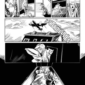 May include: A black and white comic strip illustrating a series of events. The panels show characters in different scenes, including a plane flying over a building and a person in distress. The art style is detailed with heavy use of lines and shading.