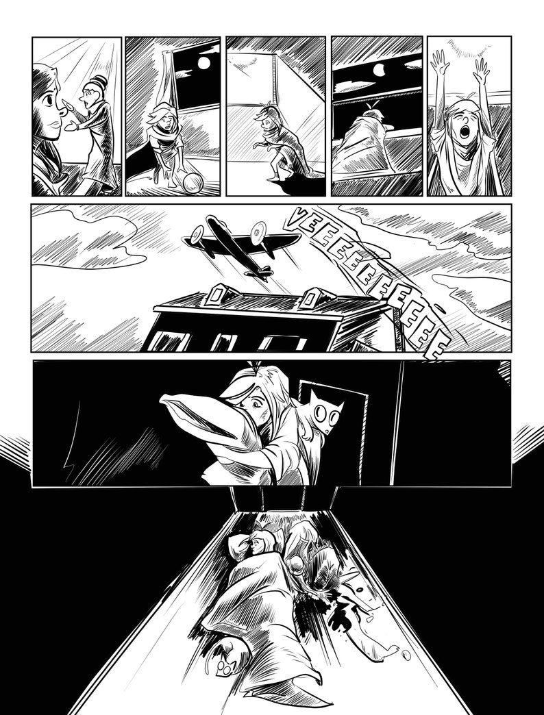May include: A black and white comic strip illustrating a series of events. The panels show characters in different scenes, including a plane flying over a building and a person in distress. The art style is detailed with heavy use of lines and shading.