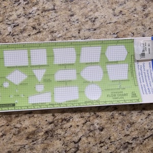 May include: A green plastic stencil with various shapes for creating flow charts. The stencil is labeled "Standard Flow Chart Template" and includes shapes for processes, decisions, data storage, and more.