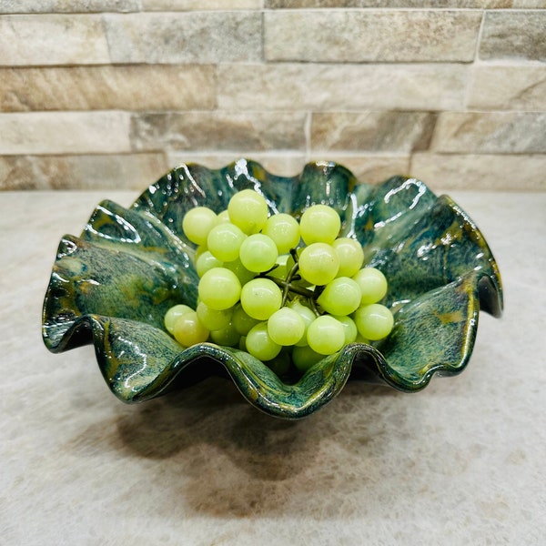 Green Ceramic Serving Bowl, Handmade Freeform Bowl, Pottery Pasta Bowl, Fruit Bowl