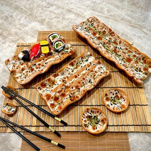 Handmade Ceramic Sushi Set for Two: Tiger Glaze Trays & Chopsticks