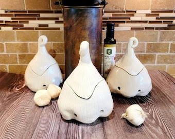 Handmade Ceramic Garlic Keeper: Large Marbleized Cream & White Jar