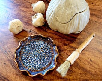 Handmade Ceramic Garlic Grater Plate with Brush: Olive Oil Dipping Dish