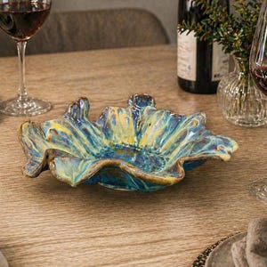 Freeform Sculptural Ceramic Bowl, Ocean Wave Art Pottery Centerpiece