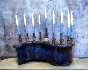 Blue Menorah, Hanukkah Candleholder, Chanukah Menorah,  Judaica, Jewish Gift, Blue Hanukkiah