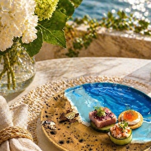 May include: A decorative ceramic plate with a beach and ocean design. The plate features appetizers, including tuna and cucumber bites. Two small turtle figurines are on the plate. A vase of white flowers and a napkin with a rope ring are also in the image.