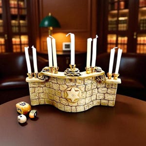 Hand Sculpted Ceramic Western Wall Menorah with Swarovski Crystals
