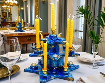 Hand-Sculpted Ceramic Menorah, Galaxy Glaze, Modern Judaica Art, Sculptural Tiered Design