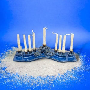 Ceramic Blue Floral Menorah, Ribbon Candelabra, Chanukah Menorah, Judaica, Jewish Gifts, Rose Hanukkiah
