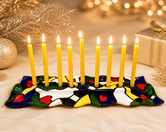 Hand-Sculpted Ceramic Heart Menorah, Modern Abstract Judaica, Artisan Hanukkah Decor