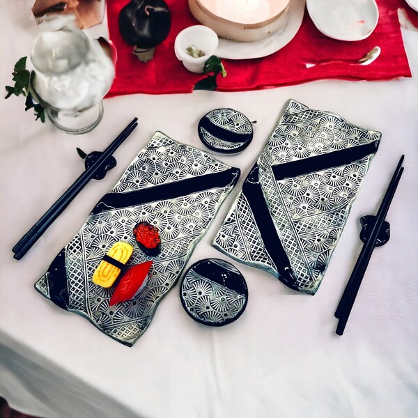 Handmade Ceramic Sushi Set for 2, Chopsticks and Unique Sushi Trays