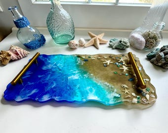 Ocean Resin Tray with Sand and Seashells | Coastal Wave Serving Dish