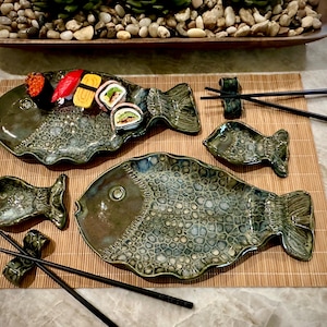 Handmade Ceramic Sushi Set for Two: Fish Platter with Soy Dishes