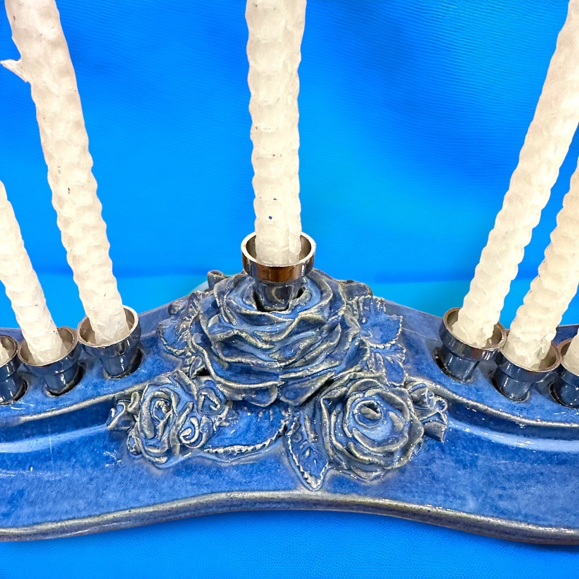 Ceramic Blue Floral Menorah, Ribbon Candelabra, Hanukkah Menorah ...