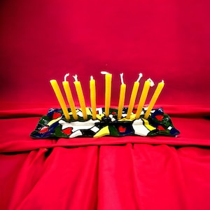 Hand-Sculpted Ceramic Heart Menorah: Colorful Jewish Hanukkiah