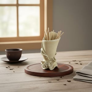 May include: A cream-colored ceramic toothpick holder with a floral design, holding several wooden toothpicks. The holder sits on a dark brown wooden coaster. A small teacup and saucer are visible in the background.