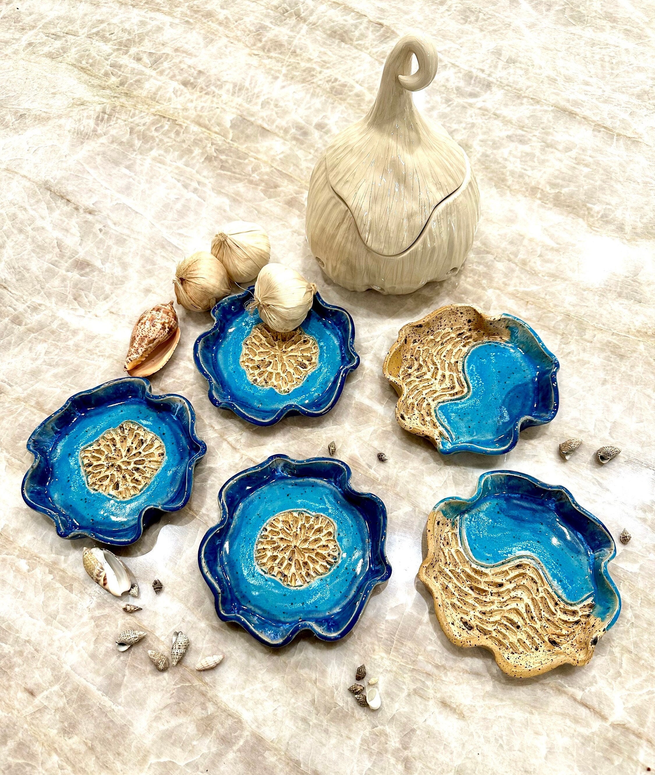 Handmade ceramic garlic grater dish- matte blue and sky blue