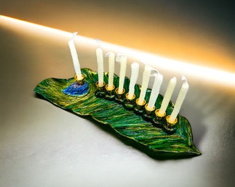 Menorah Peacock Feather, Hanukkah Gift, Candelabra, Chanukah Menorah, Judaica, Ceramic Hanukkiah