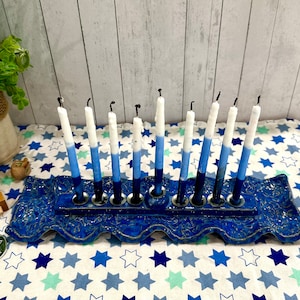 Ceramic Blue Menorah, Ribbon Hanukkiah, Candelabra, Chanukah Menorah, Judaica, Jewish Gifts, Hanukkiah