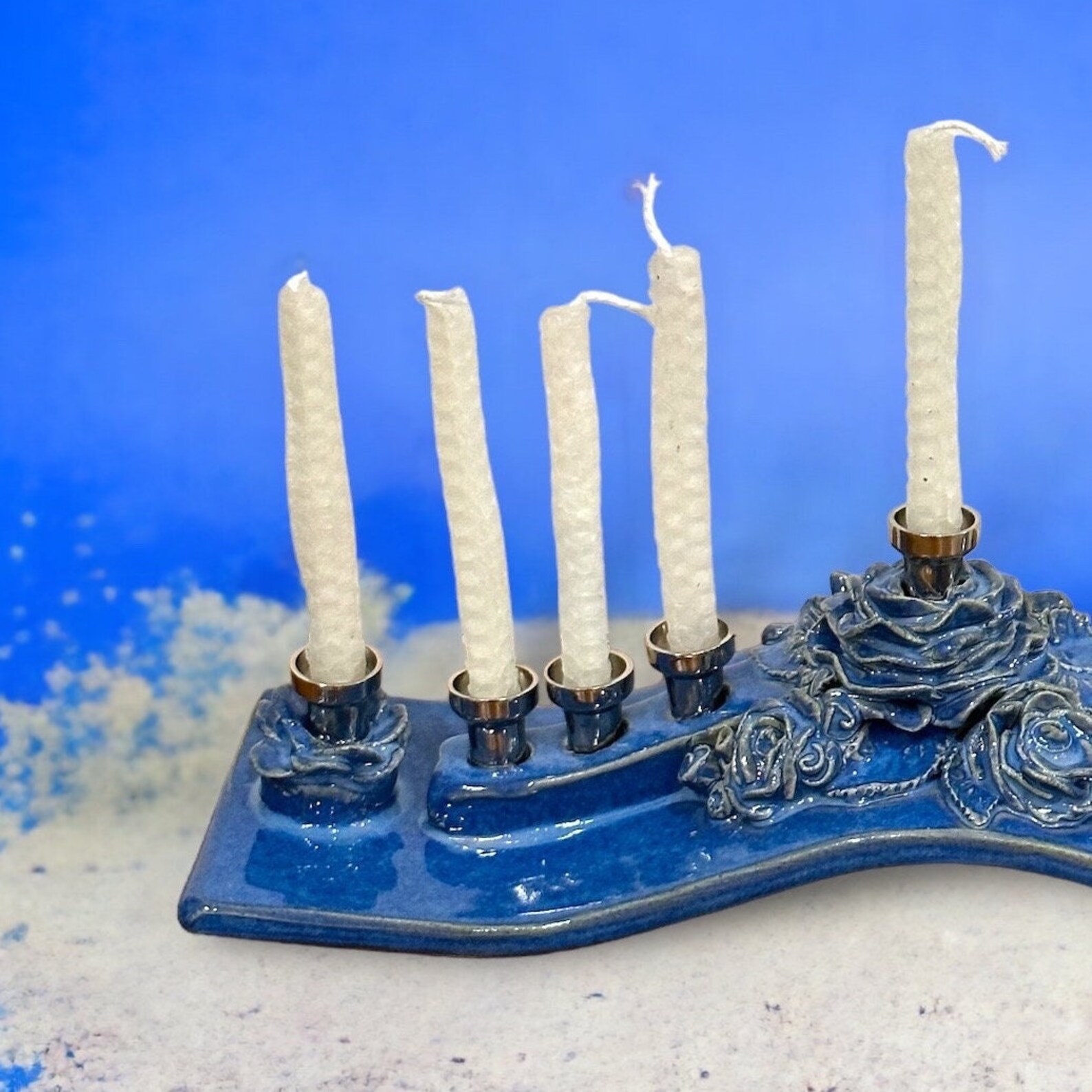 Ceramic Blue Floral Menorah, Ribbon Candelabra, Hanukkah Menorah ...