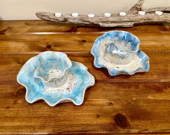 Ocean Chip & Dip Serving Bowl, Handmade Ceramic Platter, Coastal Serving Ware, Wave Freeform Dish