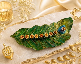 Peacock Feather Menorah, Luxury Handmade Ceramic Hanukkah Menorah, Iridescent Green Judaica Art, Artisan Clay Menorah, Chanukah Centerpiece