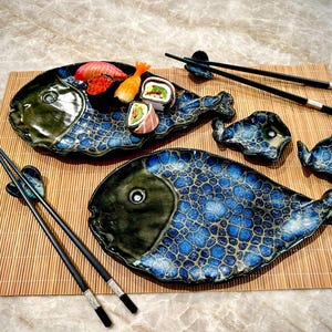 Handmade Ceramic Fish Sushi Set for Two: Unique Serving Trays