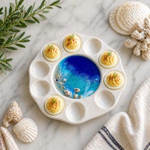 May include: A white deviled egg serving platter with a blue and turquoise resin ocean design in the center. The platter holds deviled eggs topped with paprika and dill. Seashells and starfish decorate the resin ocean.