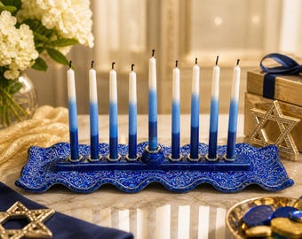 Handmade Textured Indigo Ceramic Menorah, Modern Hanukkah Judaica Centerpiece