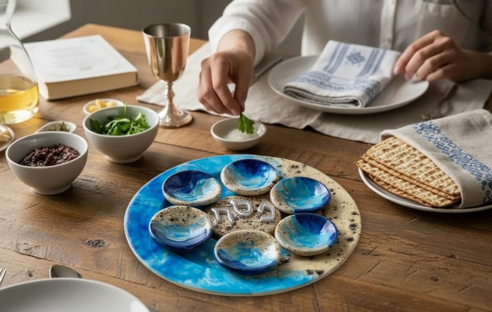Sand and Sea Ceramic Seder Plate: Handmade Coastal Blue Passover Set