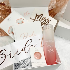 Bride Gift Box Set Engagement Gift Idea Bride White Silk Robe Champagne  Flute Gift for Future Mrs Wedding Day Basket Bridal Just Engaged 