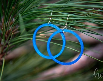 Featherweight wooden earrings- metallic blue hoops